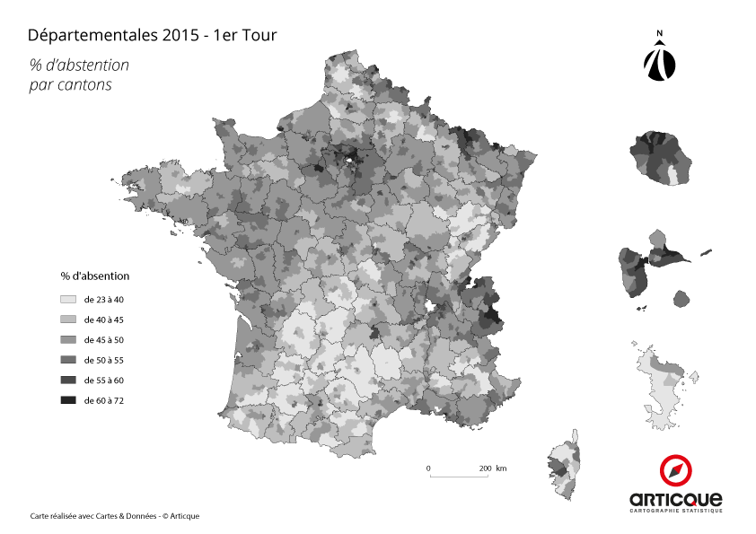 Départementales 2015 - Tour 1 : % d'abstention par cantons