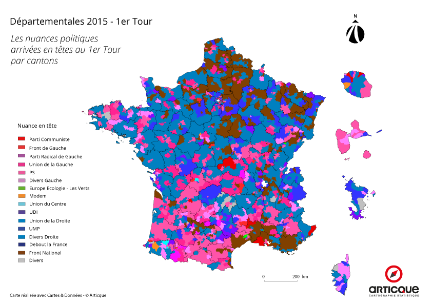 Départementales 2015 - Tour 1 : les nuances politiques arrivées en têtes, par cantons